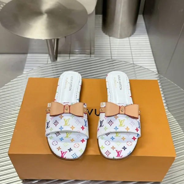 LV Women White Leather Multicolor Monogram Mules