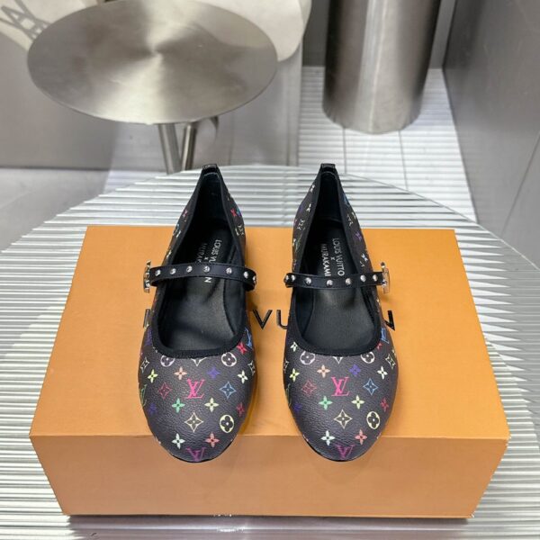 LV Women Black Leather Multicolor Monogram Mary Jane Flats