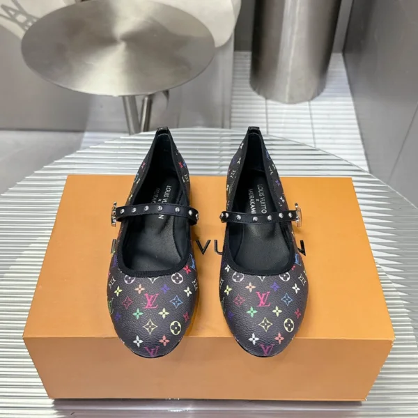 LV Women Black Leather Multicolor Monogram Mary Jane Flats