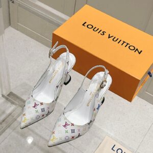 LV Women White Leather Multicolor Logo Heels