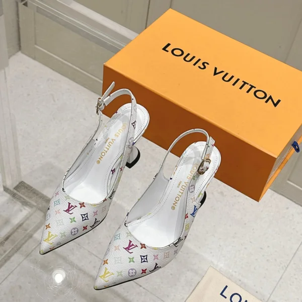 LV Women White Leather Multicolor Logo Heels