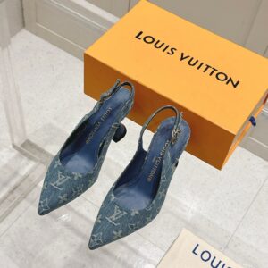 LV Women Blue Denim Leather Trim Slingback Heels