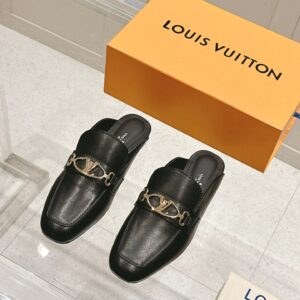 LV Women Black Leather Slip-On Mules