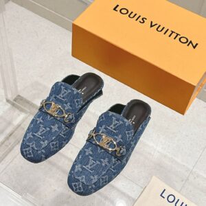 LV Women Blue Denim Leather Mules