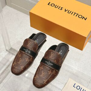 LV Women Brown Leather Monogram Mules