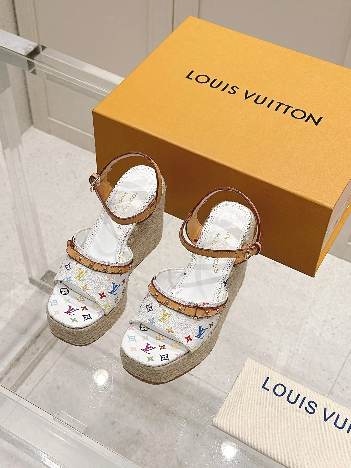 LV Women White Leather Multicolor Print Wedge Sandals
