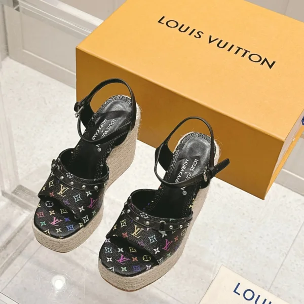 LV Women Black Leather Espadrille Wedge Sandals