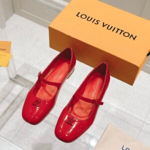 LV Women Red Patent Leather Mary Jane Flats