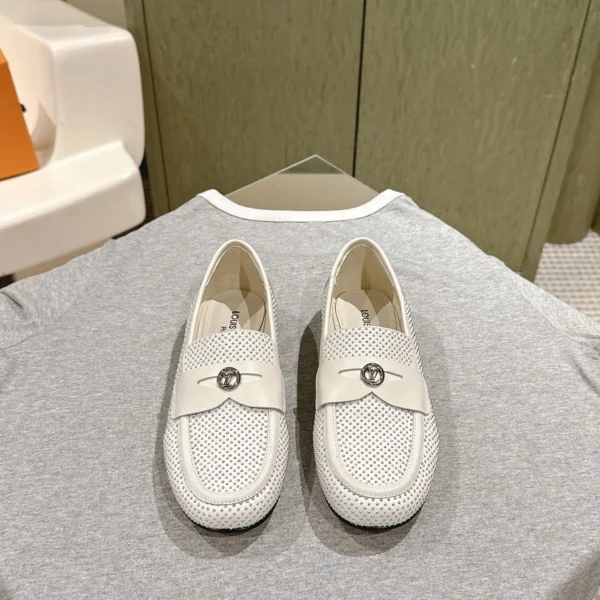 LV Women White Leather Studded Loafers