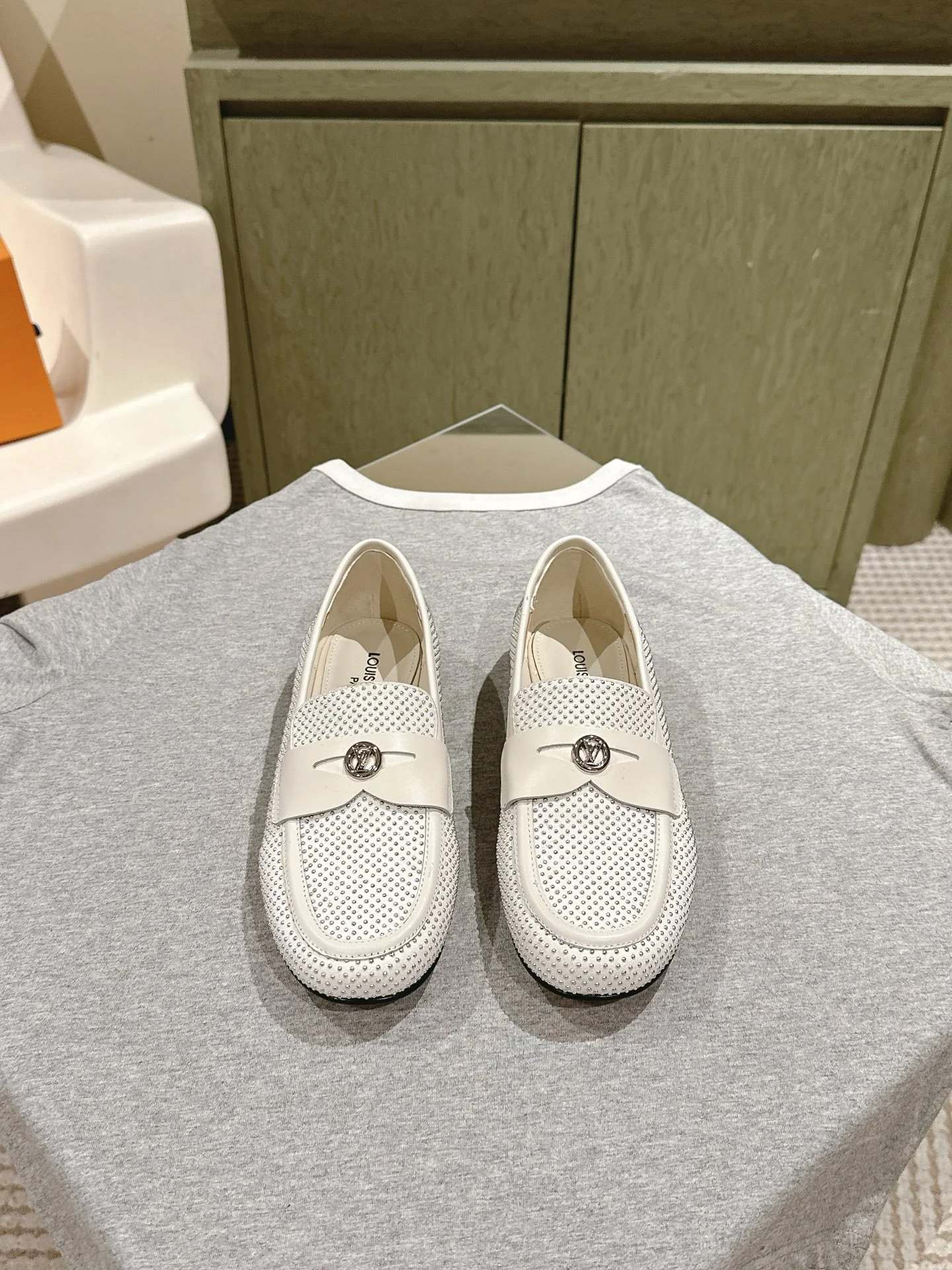 LV Women White Leather Studded Loafers