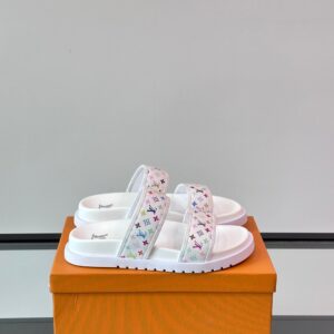 LV Men White Canvas Multicolor Logo Slides