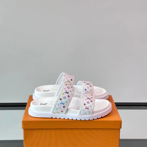 LV Men White Canvas Multicolor Logo Slides