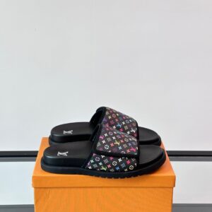 LV Men Black Canvas Multicolor Print Slides