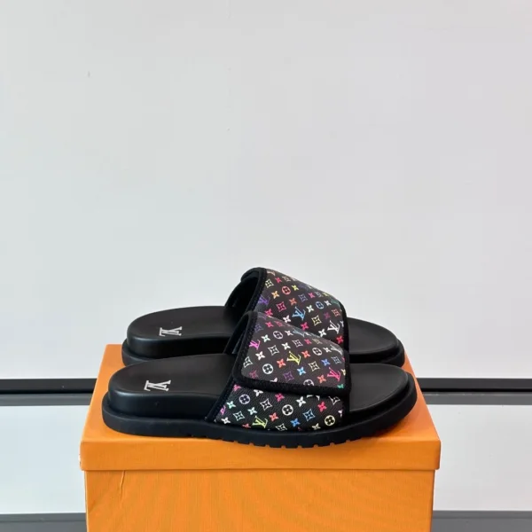 LV Men Black Canvas Multicolor Print Slides