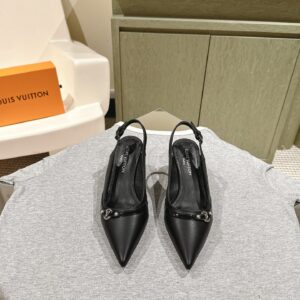 LV Women Black Leather Slingback Heels