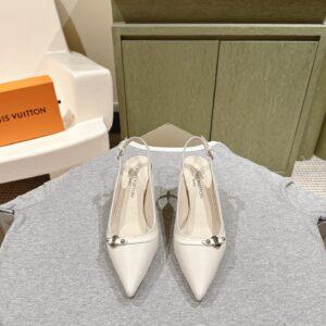 LV Women White Leather Pointed Slingback Heels