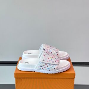 LV Men White Patterned Leather Slides