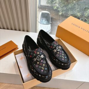 LV Women Black Patterned Leather Loafers