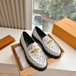LV Women White Patterned Leather Loafers