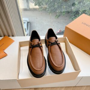 LV Women Brown Textured Leather Loafers