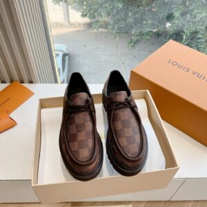LV Women Brown Checkered Leather Loafers