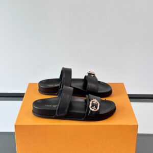LV Men Black Leather Slides