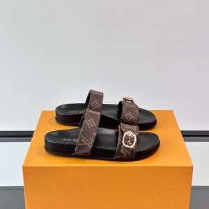 LV Men Brown Leather Logo Print Sandals