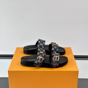 LV Men Black Leather Multicolor Monogram Slides
