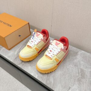 LV Women Yellow Leather Orange Accent Sneakers