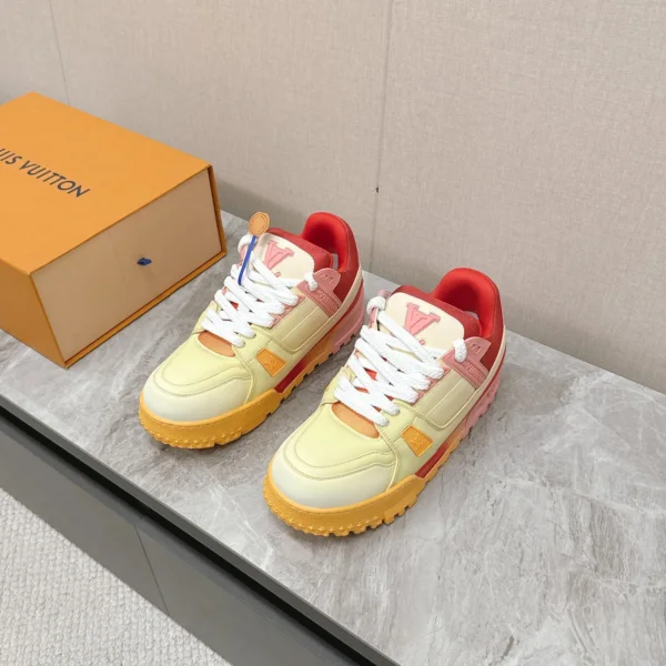 LV Women Yellow Leather Orange Accent Sneakers