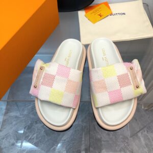LV Women Pastel Checkered Fabric White Slide Sandals
