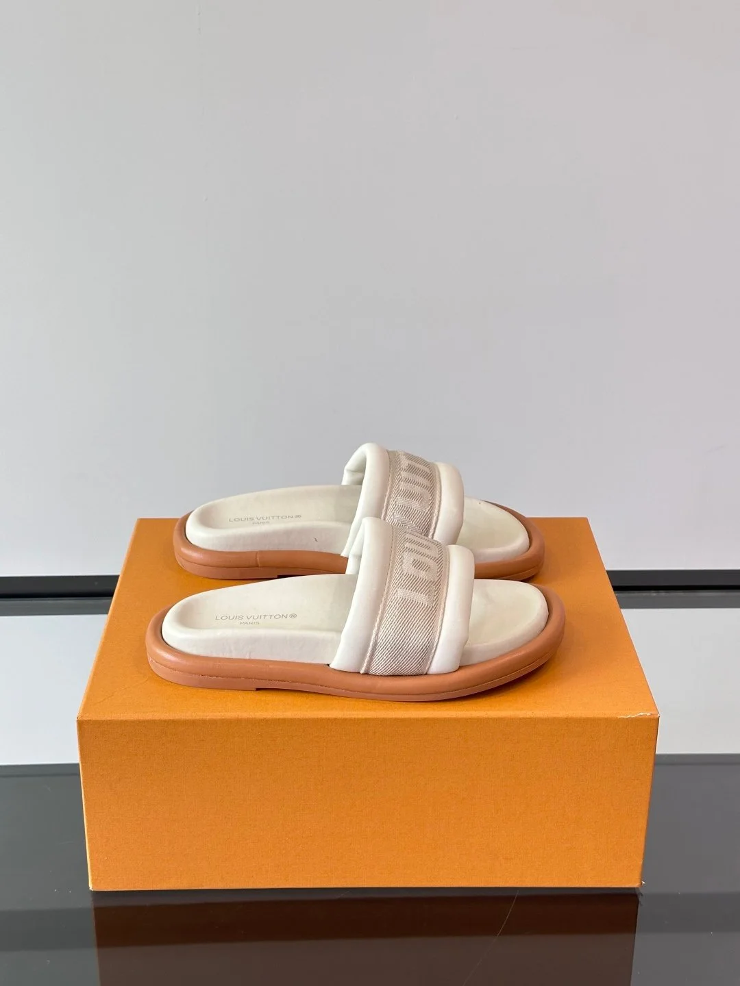 LV Men Beige Fabric Slides With Brown Sole