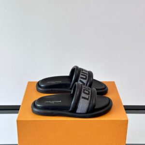 LV Men Black Fabric Strap Slide Sandals