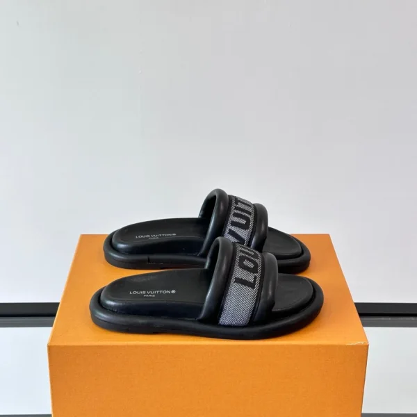 LV Men Black Fabric Strap Slide Sandals