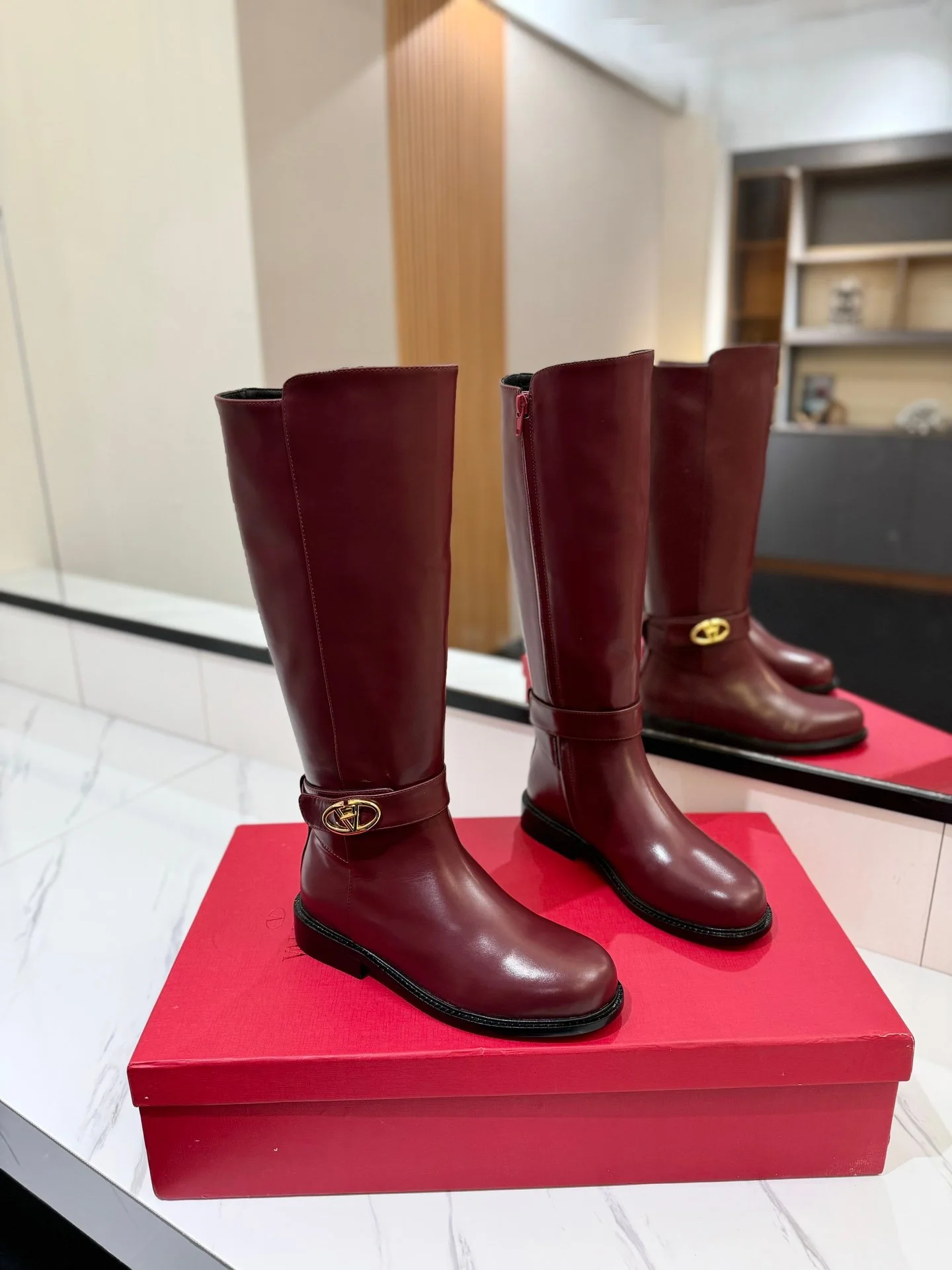 Valentino Women Burgundy Leather Knee High Boots
