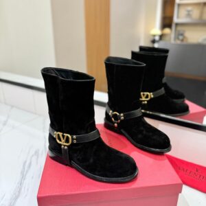 Valentino Women Black Suede Leather Strap Boots