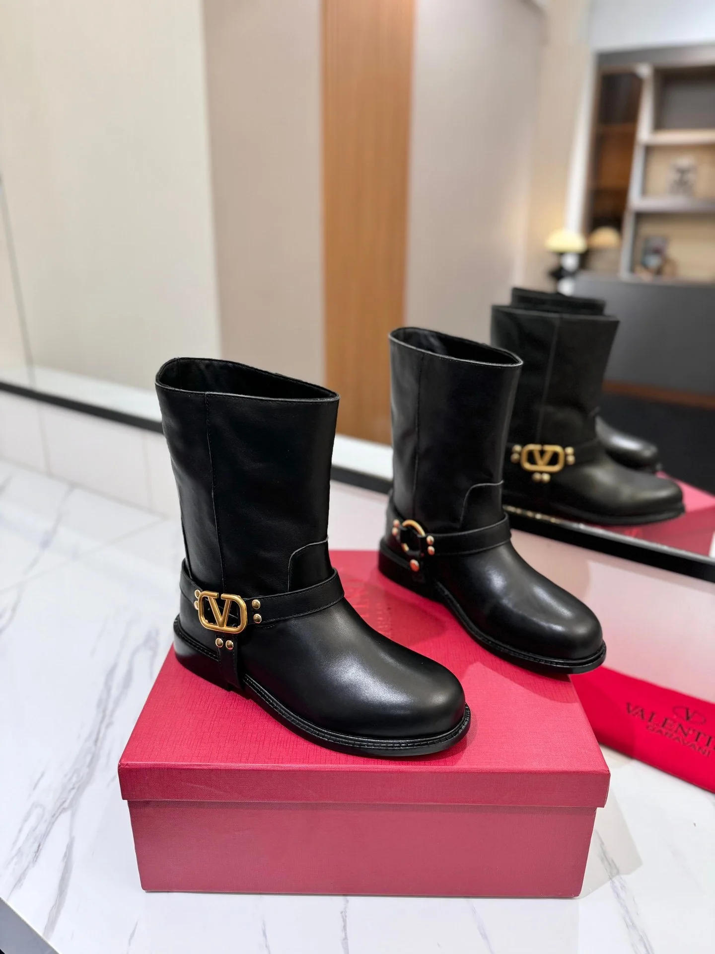 Valentino Women Black Leather Mid-Calf Boots