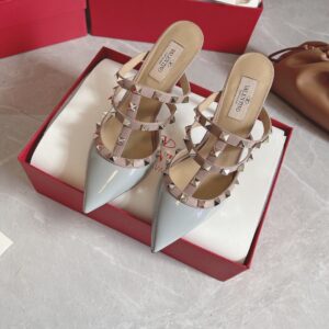 Valentino Women Light Blue Patent Leather Studded Mules