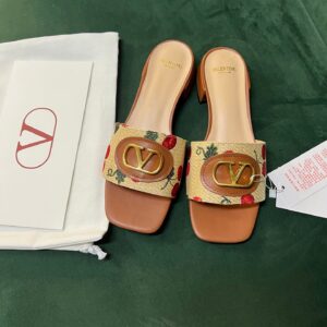 Valentino Women Brown Leather Canvas Floral Mules