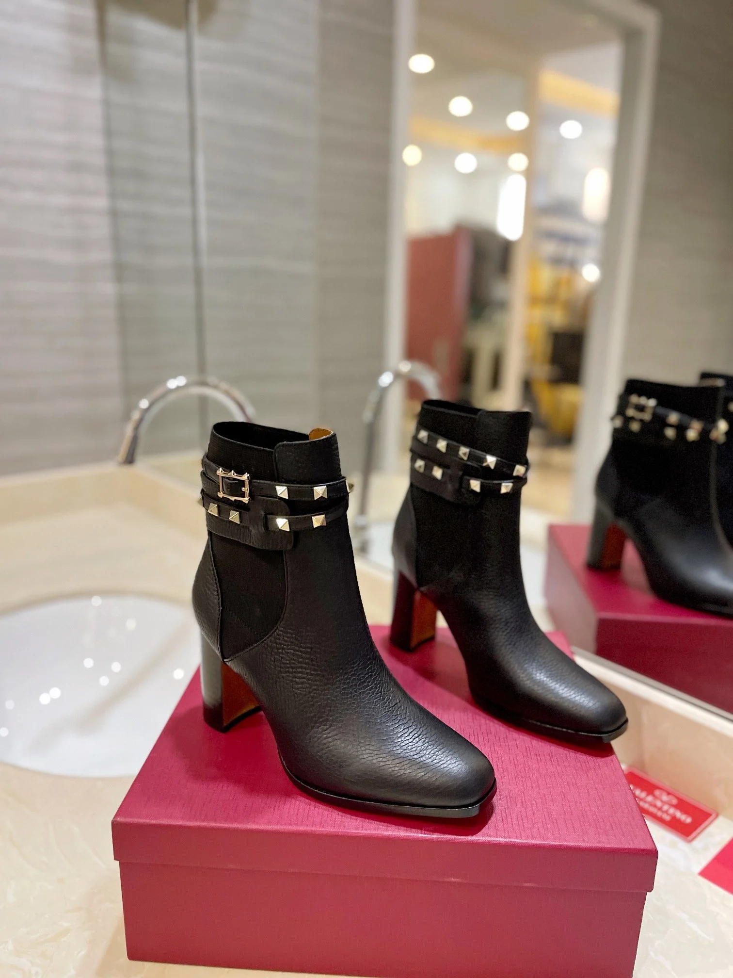 Valentino Women Black Leather Studded Ankle Boots