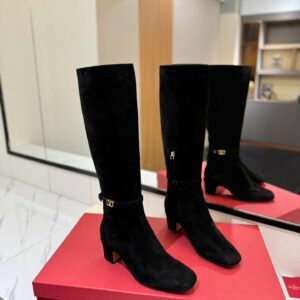 Valentino Women Black Suede Mid Heel Boots