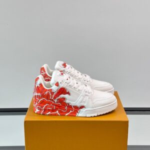 LV Men White Leather Sneakers With Red Floral Design