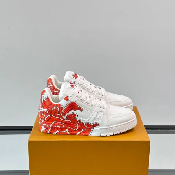 LV Men White Leather Sneakers With Red Floral Design