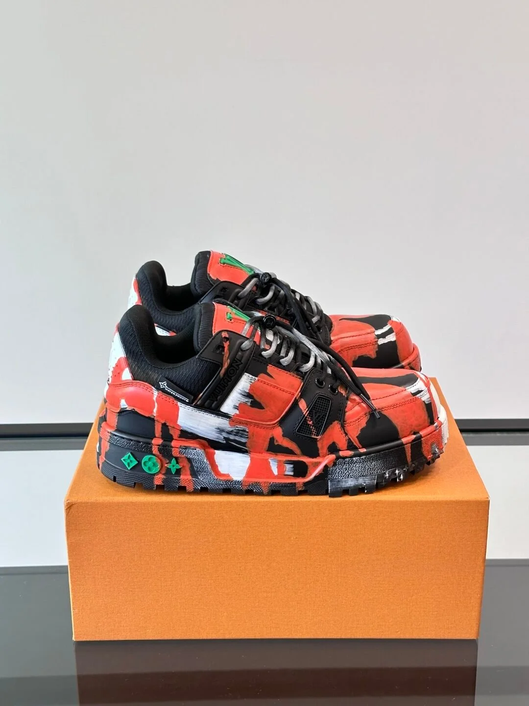 LV Men Red Black Leather Sneakers