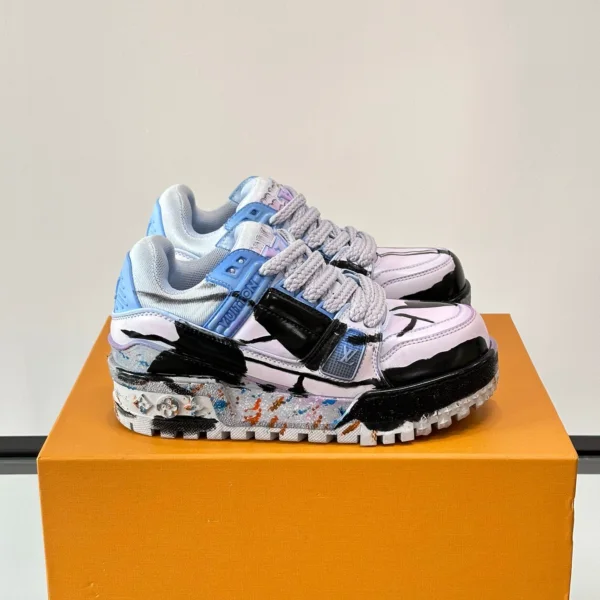LV Men Black White Blue Leather Sneakers