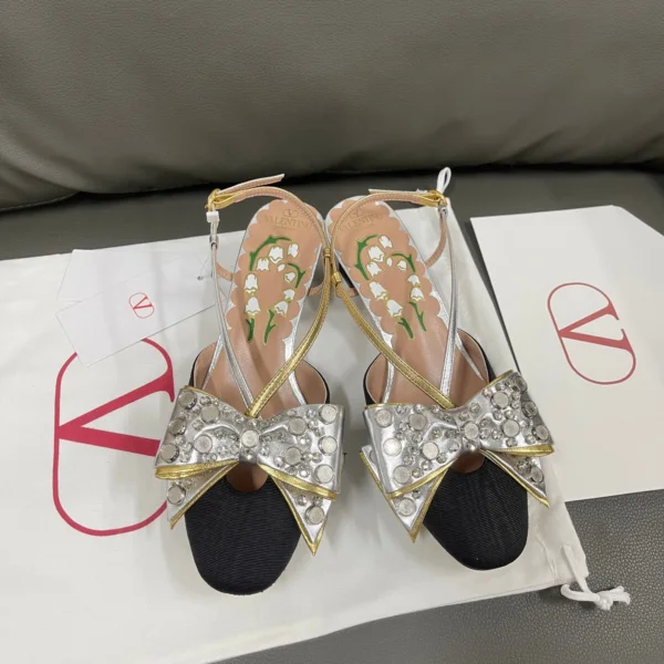 Valentino Women Black Silver Leather Bow Slingback Flats