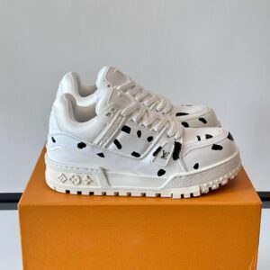 LV Men White Leather Black Spot Sneakers