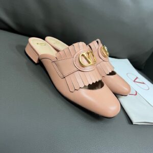 Valentino Women Pink Leather Fringe Mules
