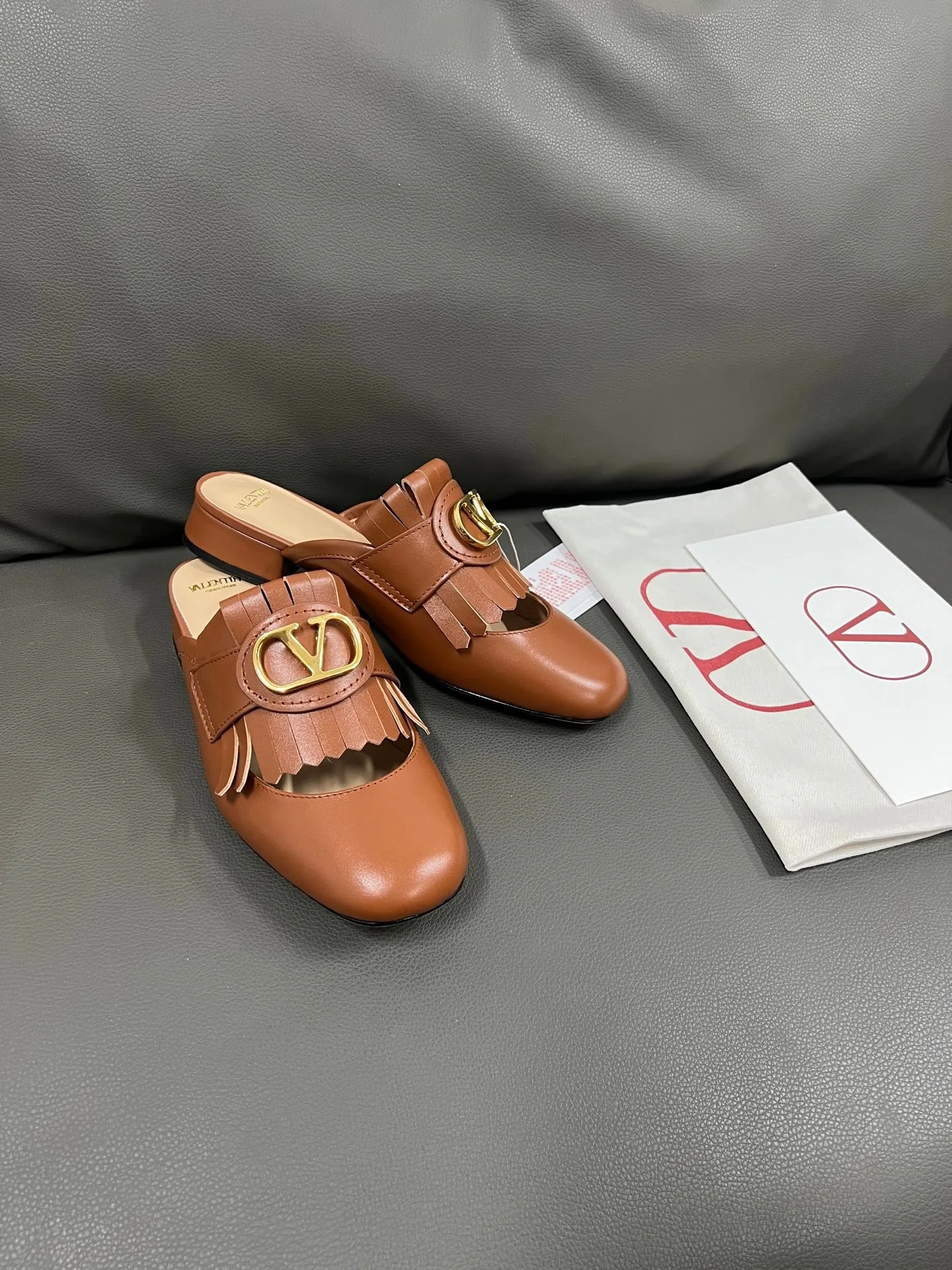 Valentino Women Brown Leather Fringe Mules