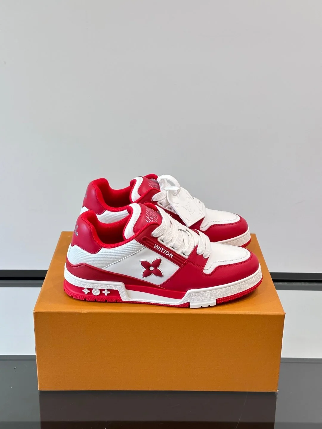LV Men Red White Leather Sneakers